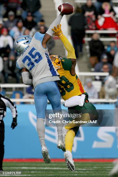 Smith of Salt Lake Stallions defends a pass intended for Josh Huff of Arizona Hotshots during their Alliance of American Football game at Rice Eccles...