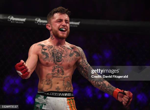 Dublin , Ireland - 23 February 2019; James Gallagher celebrates following his Bantamweight bout with Steven Graham during Bellator 217 at the 3 Arena...