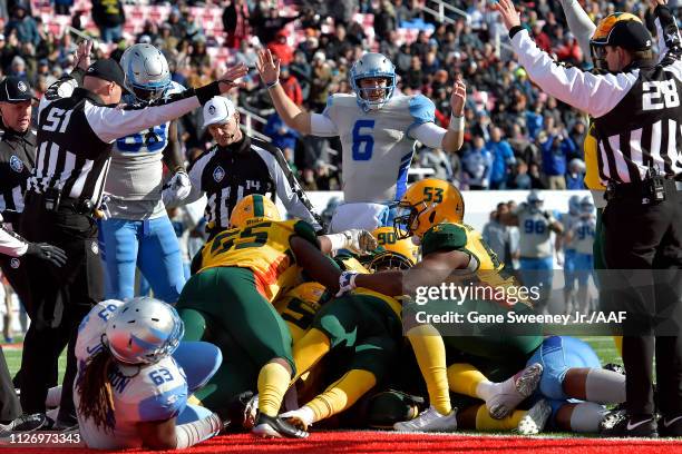 Josh Woodrum of the Salt Lake Stallions reacts after a touchdown against the Arizona Hotshots during their Alliance of American Football game at Rice...