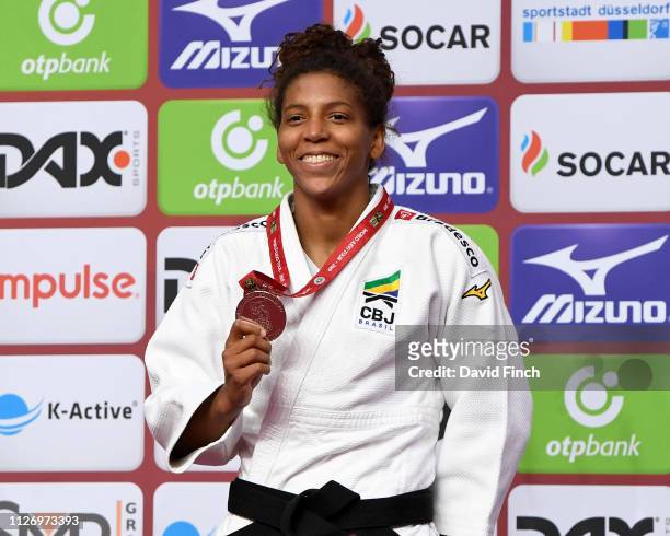 Rio Olympic champion Rafaela Silva of Brazil with her u57kg silver medal during the 2019 Dusseldorf Grand Slam at the ISS Dome, Dusseldorf, Germany,...