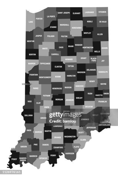 detailed map of indiana state with county divisions - continent geographic area stock illustrations