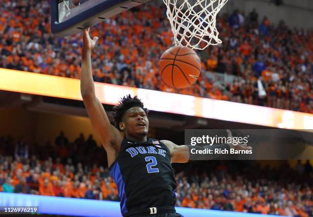 Cam Reddish of the Duke Blue Devils loses control of the ball on a drive to the basket against the Syracuse Orange during the first half at the...