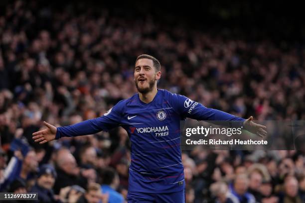 Eden Hazard of Chelsea celebrates scoring the third goal during the Premier League match between Chelsea FC and Huddersfield Town at Stamford Bridge...