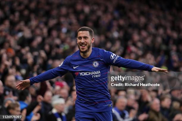 Eden Hazard of Chelsea celebrates scoring the third goal during the Premier League match between Chelsea FC and Huddersfield Town at Stamford Bridge...