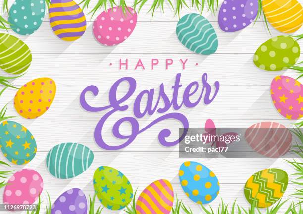 stockillustraties, clipart, cartoons en iconen met pasen achtergrond met kleurrijke eieren op hout achtergrond met tekst happy easter - egg