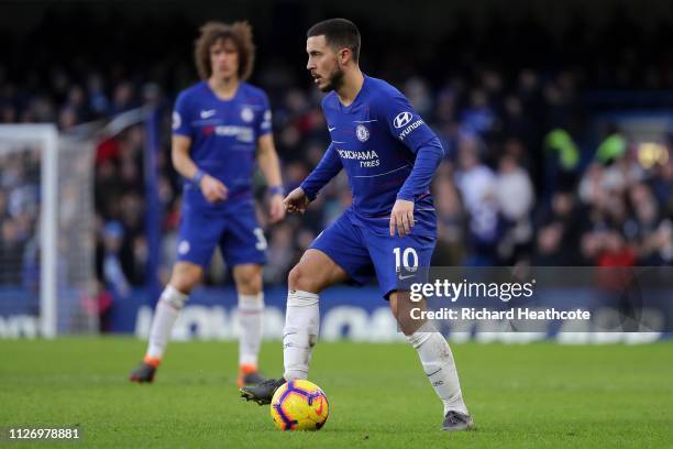 Eden Hazard of Chelsea in action during the Premier League match between Chelsea FC and Huddersfield Town at Stamford Bridge on February 02, 2019 in...