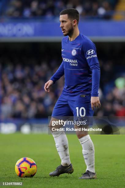 Eden Hazard of Chelsea in action during the Premier League match between Chelsea FC and Huddersfield Town at Stamford Bridge on February 02, 2019 in...