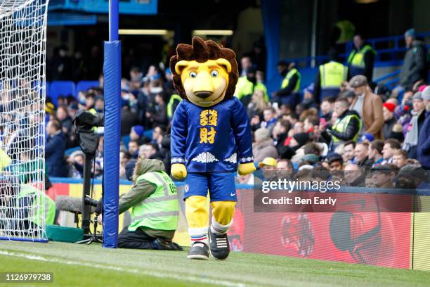 Chelsea FC mascot wearing an outfit to celebrate Chinese New Year during the Premier League match between Chelsea FC and Huddersfield Town at...