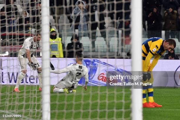 Cristiano Ronaldo of Juventus celebrates after scoring his team's third goal during the Serie A match between Juventus and Parma Calcio at Allianz...