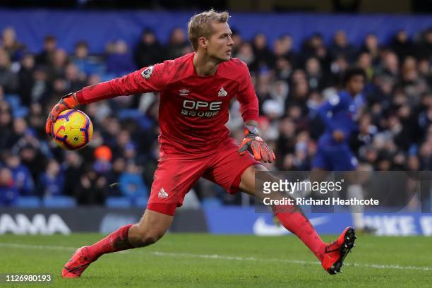 Jonas Lossl of Huddersfield Town in action during the Premier League match between Chelsea FC and Huddersfield Town at Stamford Bridge on February...