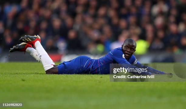 Golo Kante of Chelsea during the Premier League match between Chelsea FC and Huddersfield Town at Stamford Bridge on February 02, 2019 in London,...