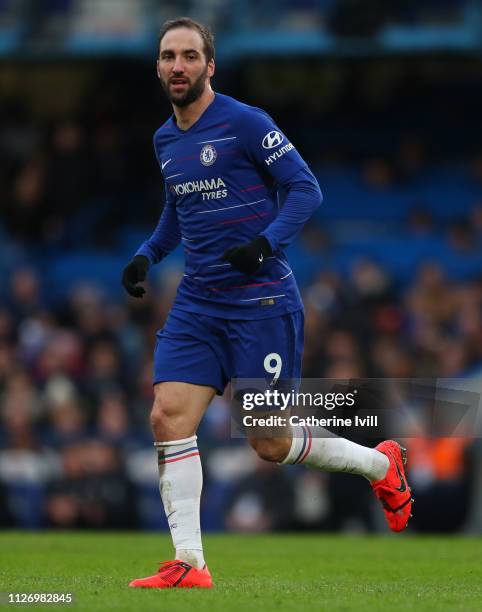 Gonzalo Higuain of Chelsea during the Premier League match between Chelsea FC and Huddersfield Town at Stamford Bridge on February 02, 2019 in...