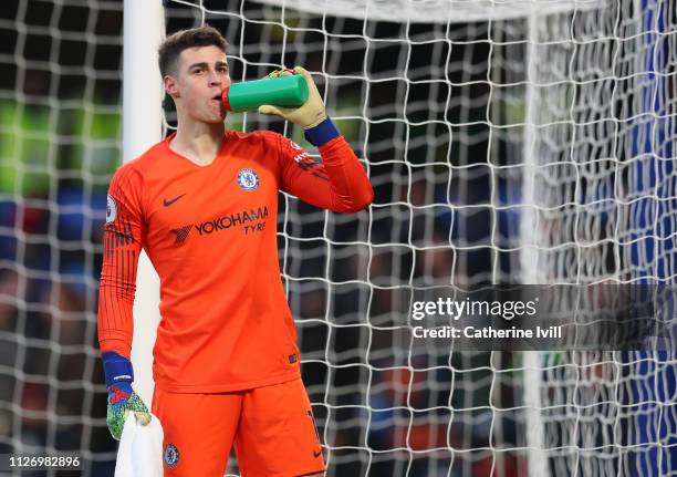 Kepa Arrizabalaga of Chelsea during the Premier League match between Chelsea FC and Huddersfield Town at Stamford Bridge on February 02, 2019 in...