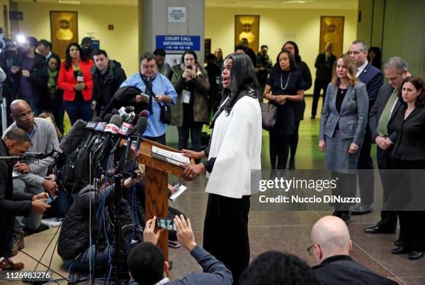 Cook County State's attorney Kim Foxx speaks with reporters and details the charges against R. Kelly's first court appearance at the Leighton...