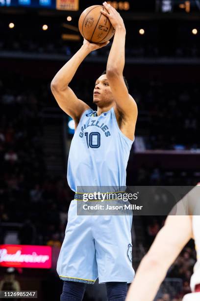 Ivan Rabb of the Memphis Grizzlies shoot during the first half against the Cleveland Cavaliers at Quicken Loans Arena on February 23, 2019 in...