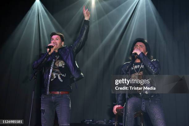 Lucas Cordalis and his father Costa Cordalis perform the 'Goodbye Jens - Party Stars Halten Zusammen' benefit at Grugahalle on February 23, 2019 in...