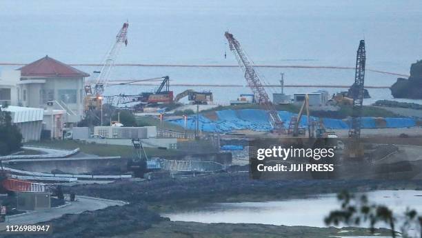 This picture shows the relocation site of the US airfield in Nago, Okinawa prefecture on February 23, 2019. - Residents of Japan's Okinawa were...