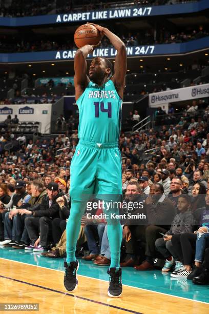 Michael Kidd-Gilchrist of the Charlotte Hornets shoots the ball against the Brooklyn Nets on February 23, 2019 at Spectrum Center in Charlotte, North...