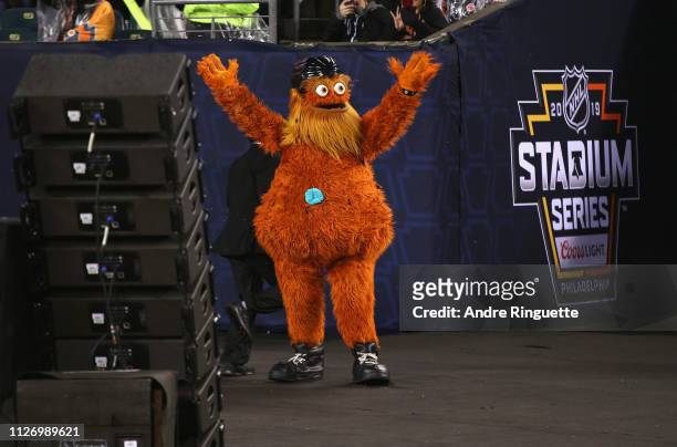 Mascot Gritty of the Philadelphia Flyers entertains the stadium fans during the 2019 Coors Light NHL Stadium Series game between the Pittsburgh...