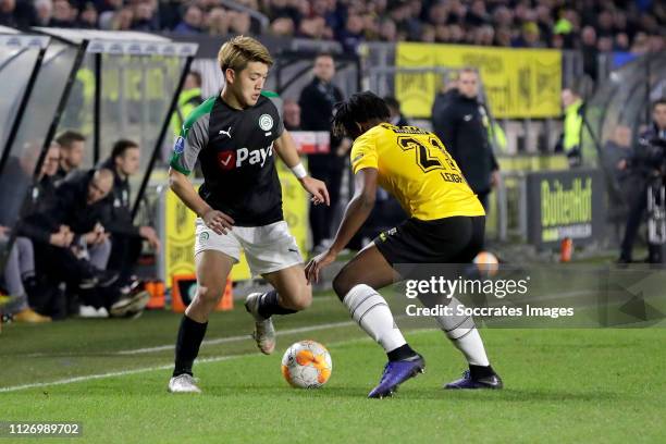 Ritsu Doan of FC Groningen, Greg Leigh of NAC Breda during the Dutch Eredivisie match between NAC Breda v FC Groningen at the Rat Verlegh Stadium on...