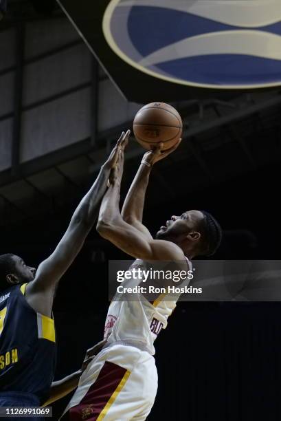 Omari Johnson of the Fort Wayne Mad Ants battles Jaron Blossomgane of the Canton Charge on February 23, 2019 at Memorial Coliseum in Fort Wayne,...