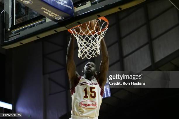 Sir'Dominic Pointer of the Canton Charge jams on the Fort Wayne Mad Ants on February 23, 2019 at Memorial Coliseum in Fort Wayne, Indiana. NOTE TO...