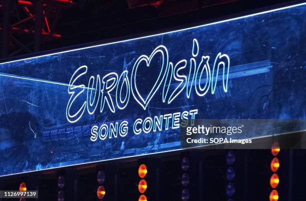 Eurovision Song Contest logo is seen during the 2019 Eurovision Song Contest national selection final in Kiev. Ukrainian singer MARUV will represents...