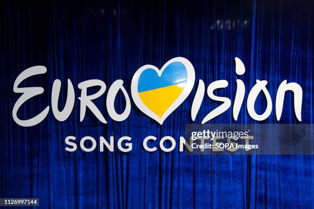 Eurovision Song Contest logo is seen during the 2019 Eurovision Song Contest national selection final in Kiev. Ukrainian singer MARUV will represents...