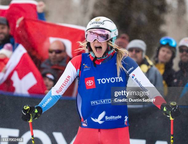 Sanna Luedi of Switzerland reacts in the finish area after a semifinal heat during the Ladies' Ski Cross Final during the FIS Freestyle Ski World...