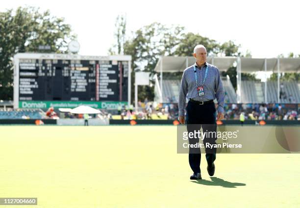Australian Selector Greg Chappell looks on during day three of the Second Test match between Australia and Sri Lanka at Manuka Oval on February 03,...