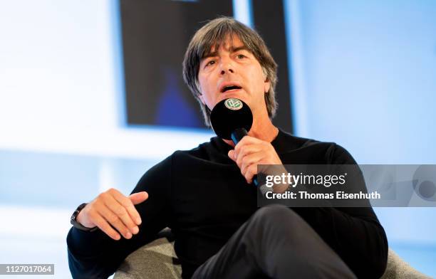 Joachim Loew, head coach of the german national team, speaks on the stage during day 3 of the DFB Amateur Football Congress at Hotel La Strada on...