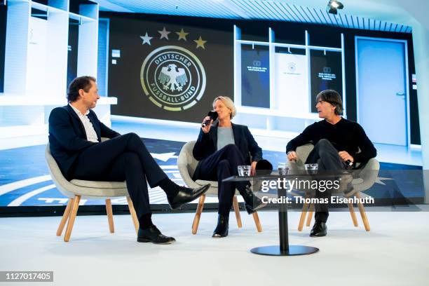 Joachim Loew , head coach of the german national team, Martina Voss-Tecklenburg , head coach of the german national women team, and DFB media...