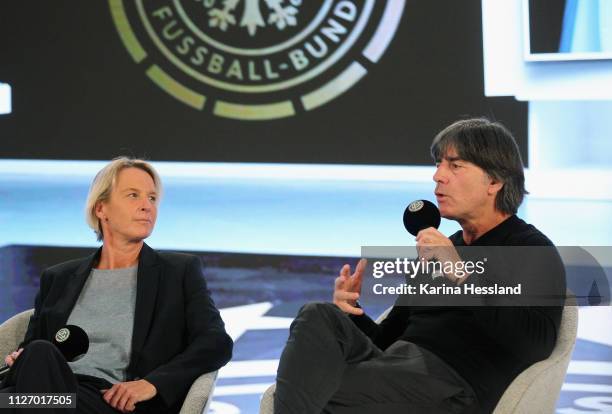 Martina Voss-Tecklenburg and Joachim Loew during day 3 of the DFB Amateur Football Congress at Hotel La Strada on February 24, 2019 in Kassel,...