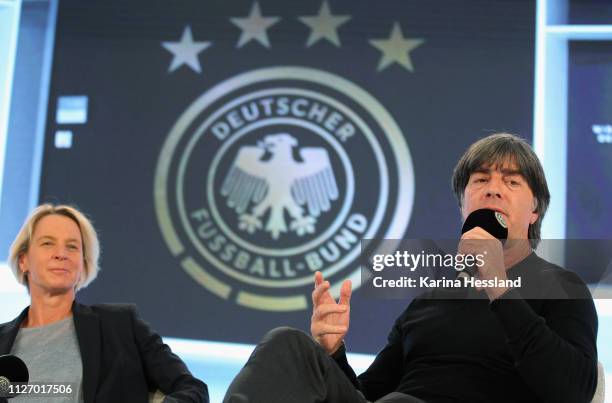 Martina Voss-Tecklenburg and Joachim Loew during day 3 of the DFB Amateur Football Congress at Hotel La Strada on February 24, 2019 in Kassel,...