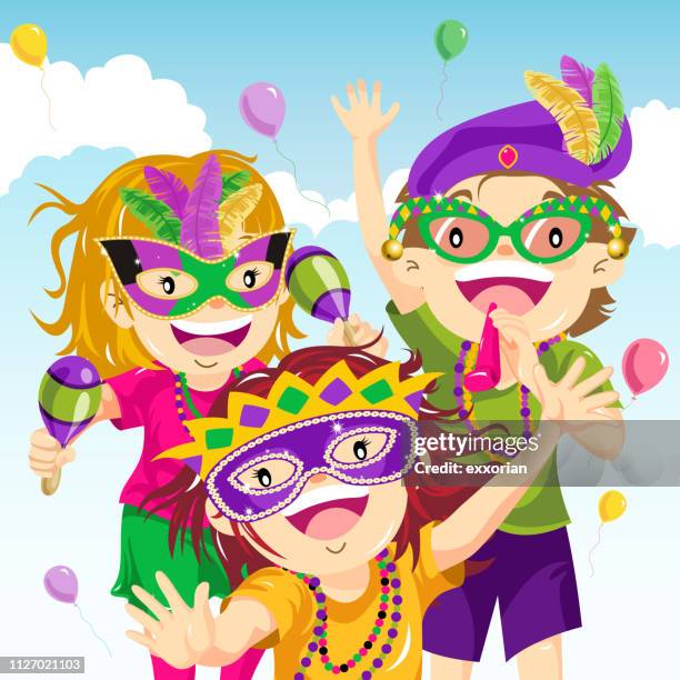 ilustraciones, imágenes clip art, dibujos animados e iconos de stock de preparación del adolescente para mardi gras - cabalgata