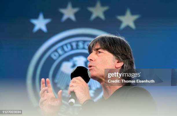 Joachim Loew, head coach of the german national team, speaks on the stage during day 3 of the DFB Amateur Football Congress at Hotel La Strada on...