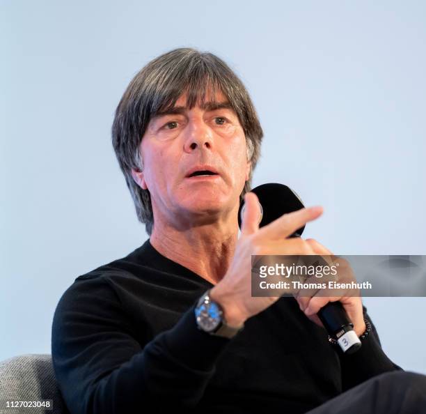 Joachim Loew, head coach of the german national team, speaks on the stage during day 3 of the DFB Amateur Football Congress at Hotel La Strada on...