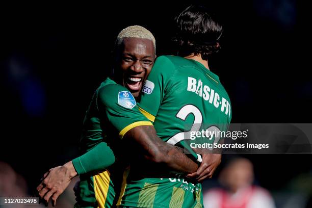 Abdenasser El Khayati of ADO Den Haag celebrates 1-0 with Sheraldo Becker of ADO Den Haag during the Dutch Eredivisie match between ADO Den Haag v...