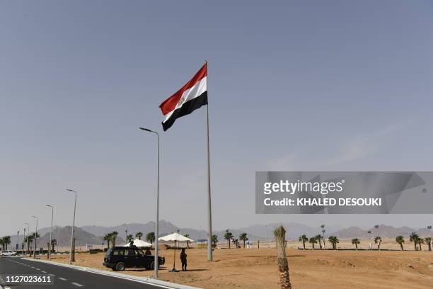 Members of the Egyptian Special Forces stand guard outside the International Congress Centre on February 24 ahead of first joint European Union and...