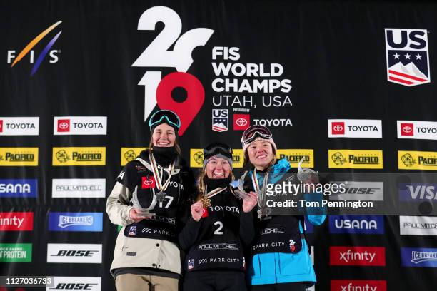 Julia Krass of the United States in second place, Tess Ledeux of France in first place and Isabel Atkin of Great Britain in third place celebrate on...