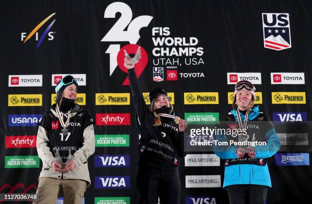 Julia Krass of the United States in second place, Tess Ledeux of France in first place and Isabel Atkin of Great Britain in third place celebrate on...