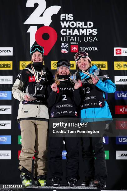 Julia Krass of the United States in second place, Tess Ledeux of France in first place and Isabel Atkin of Great Britain in third place celebrate on...