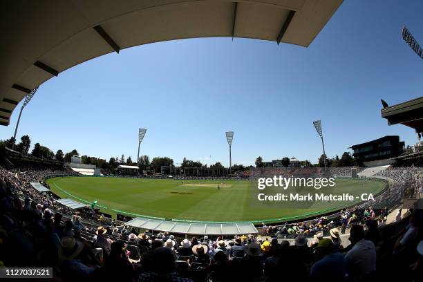 General view of play during day three of the Second Test match between Australia and Sri Lanka at Manuka Oval on February 03, 2019 in Canberra,...