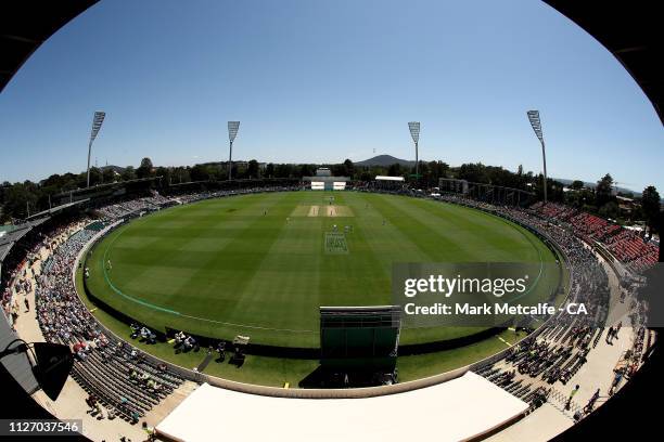 General view of play during day three of the Second Test match between Australia and Sri Lanka at Manuka Oval on February 03, 2019 in Canberra,...