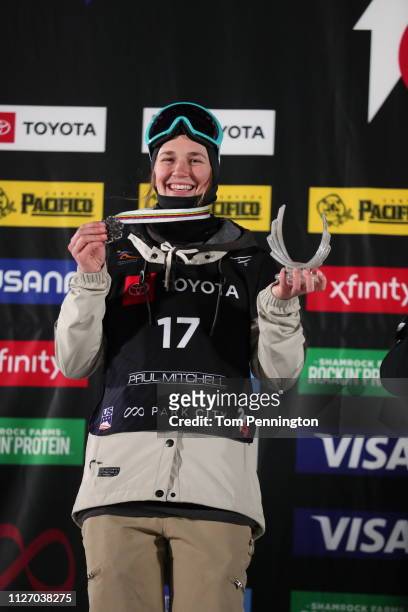 Julia Krass of the United States in second place celebrates on the podium in the Ladies' Ski Big Air Final at the FIS Freeski World Championships on...