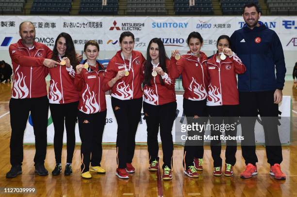 Gold medalists Team Turkey pose during the medal ceremony of the Japan Para Goalball Championship at Chiba Port Arena on February 03, 2019 in Chiba,...