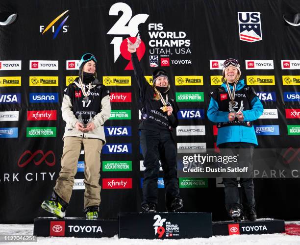 Julia Krass of the United States in second place, Tess Ledeux of France in first place and Isabel Atkin of Great Britain in third place celebrate on...