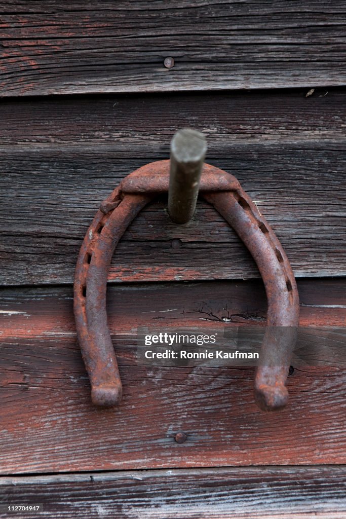 Rusted horseshoe hanging on wooden wall