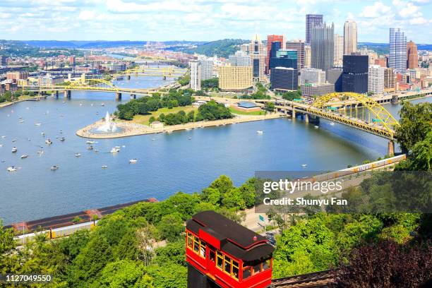 aerial pittsburgh skyline - pittsburgh skyline at night stock pictures, royalty-free photos & images