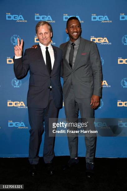 Viggo Mortensen and Mahershala Ali pose in the press room during the 71st Annual Directors Guild Of America Awards at The Ray Dolby Ballroom at...